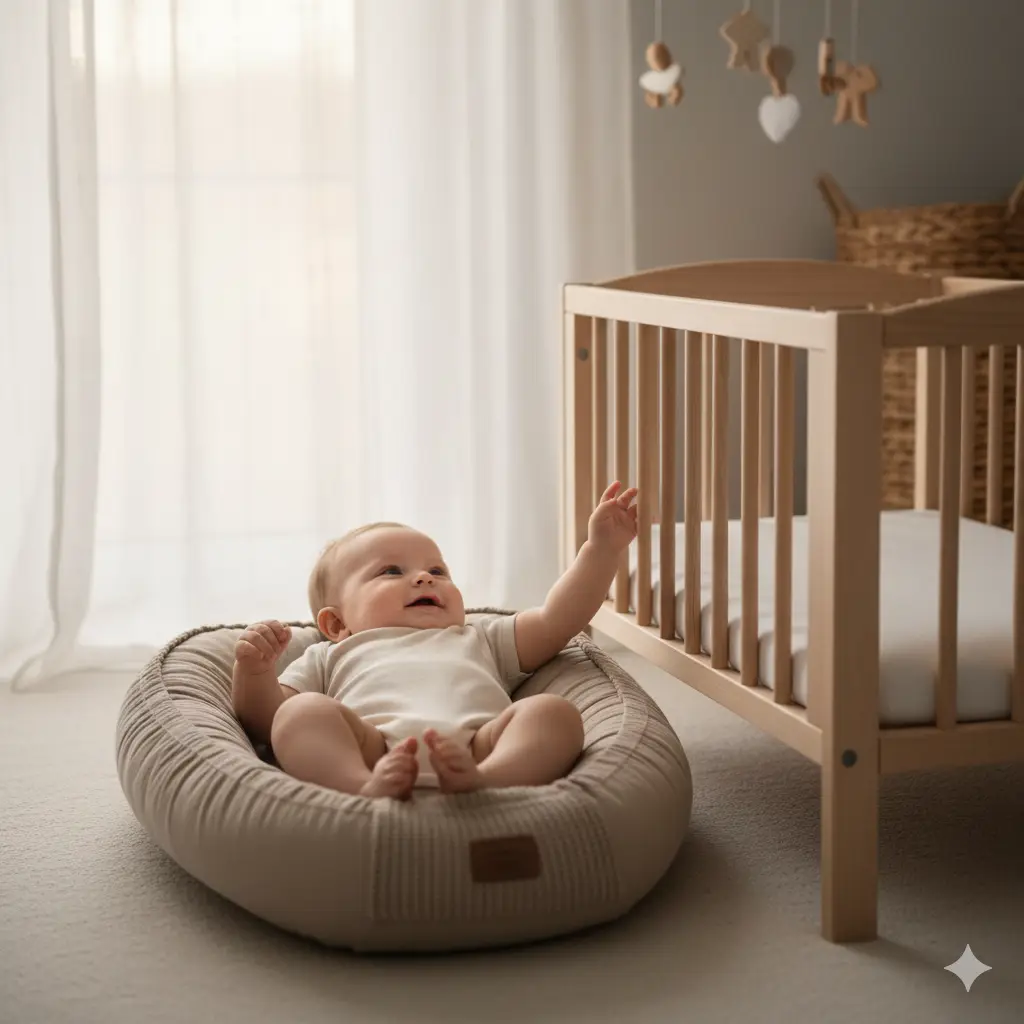 Overgang van babynestje naar ledikant in een lichte babykamer.