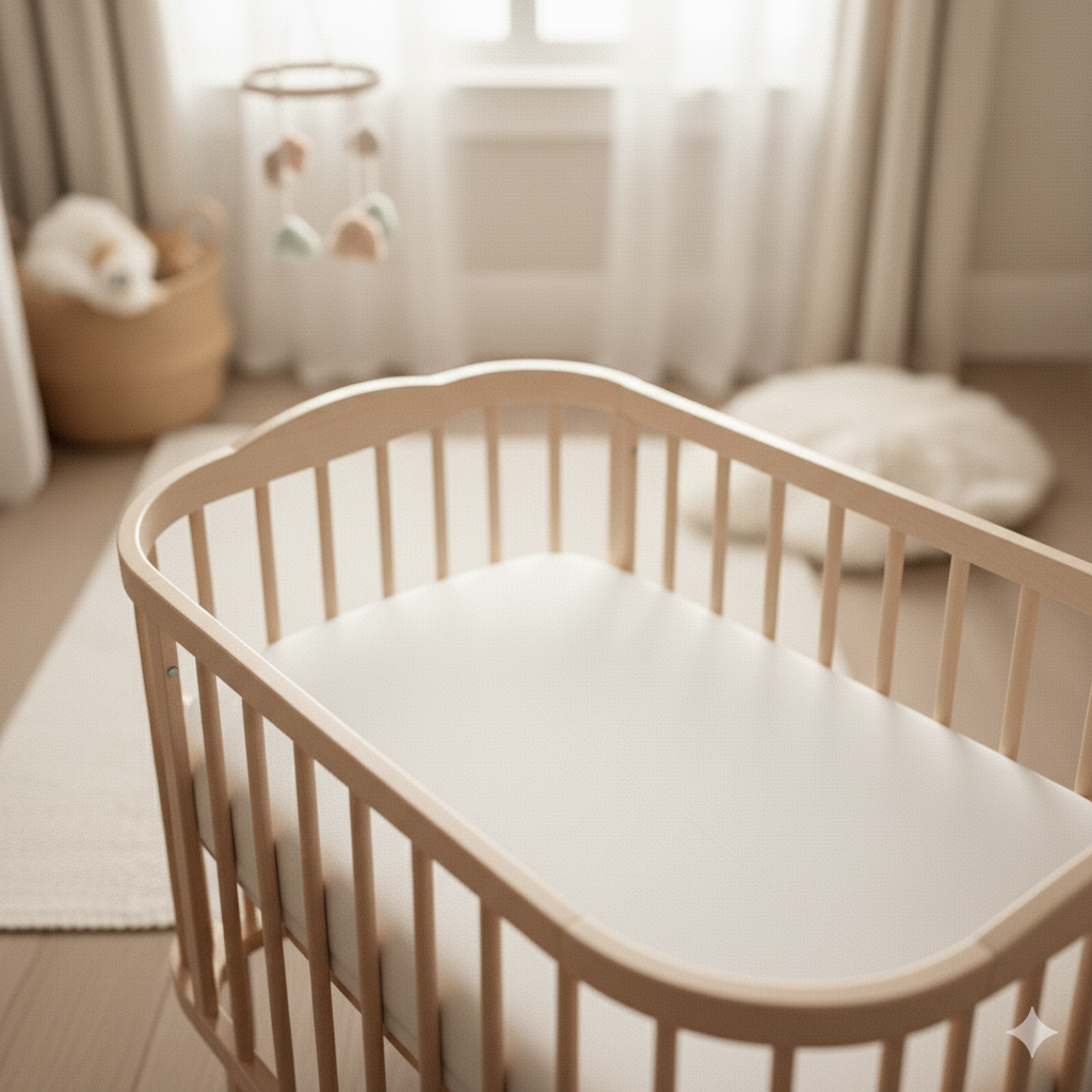 Overgang van babynestje naar ledikant in een lichte babykamer.