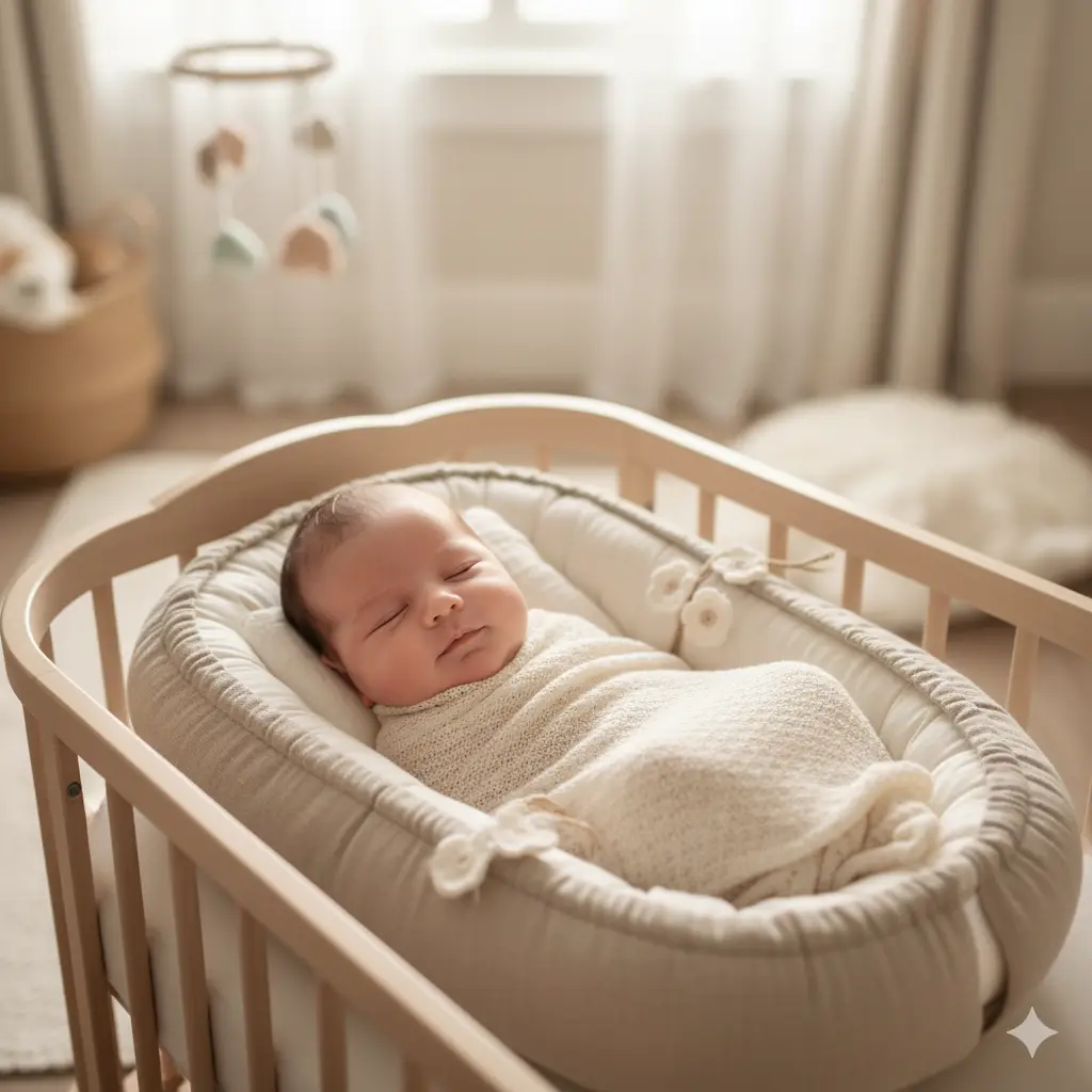 Baby ligt ontspannen in een babynestje, begin van de overstapfase.