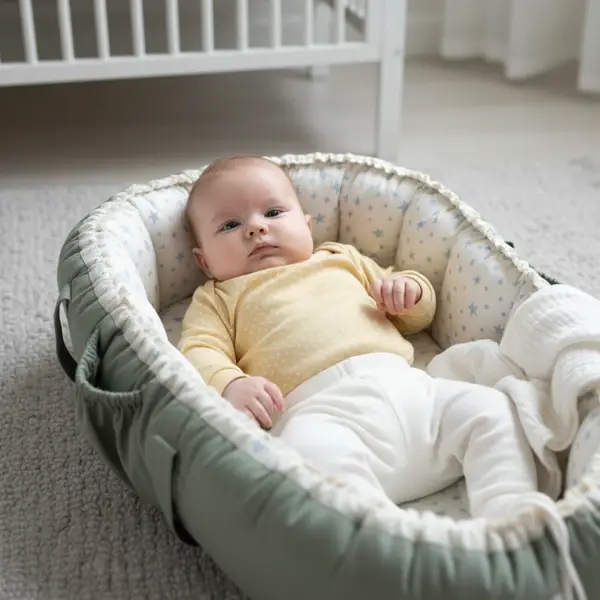 Baby in babynest die u aankijkt