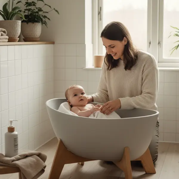 Ouder laat baby rustig in een veilig ergonomisch babybadje zakken.