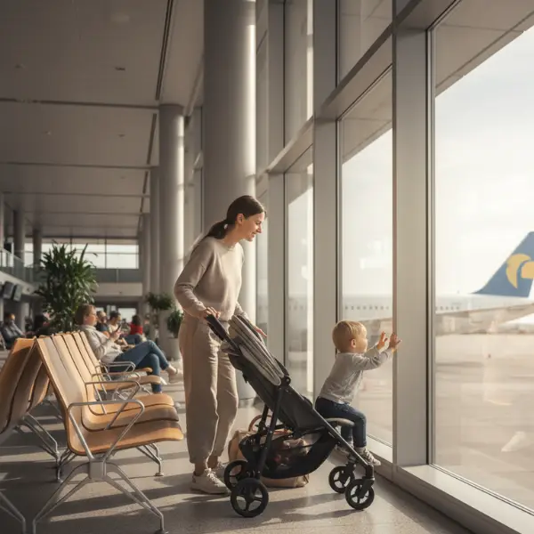 Ouder met buggy voor in het vliegtuig bij de gate