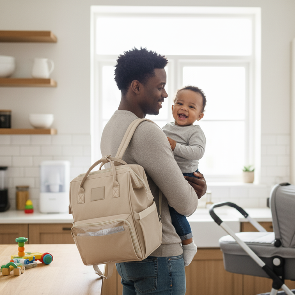 Ouder met een luiertas rugzak tijdens een moment onderweg