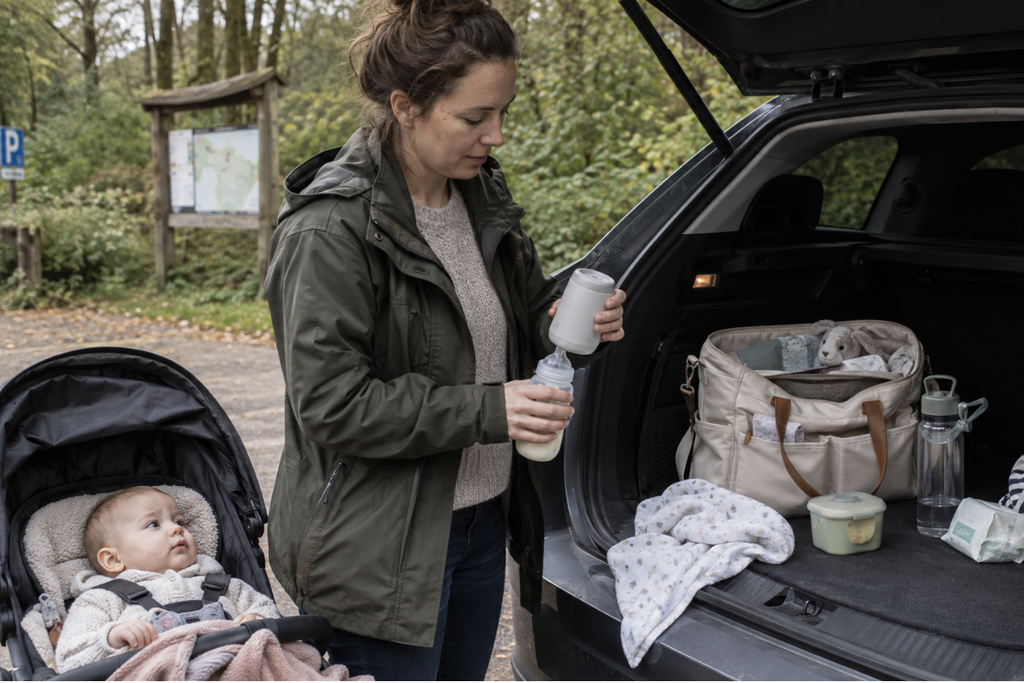 Ouder gebruikt een draagbare flessenwarmer voor moedermelk onderweg bij de auto.