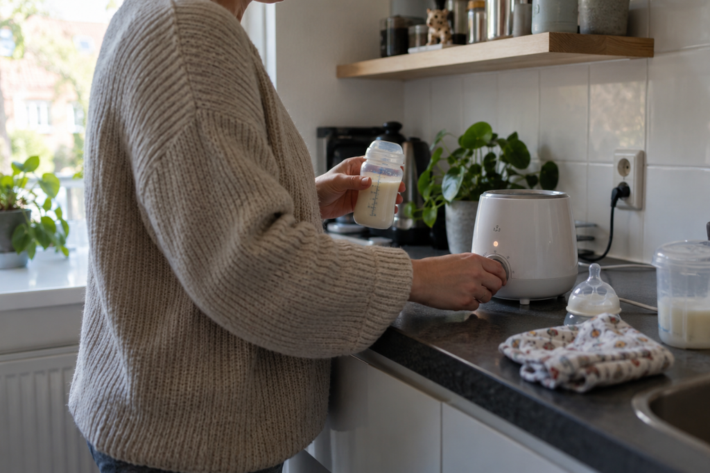 Ouder gebruikt een flessenwarmer met babyfles op het keukenblad