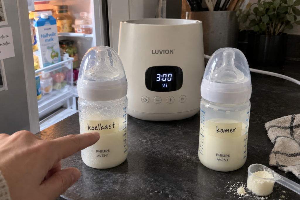 Twee babyflessen met verschillende begintemperaturen naast een flessenwarmer