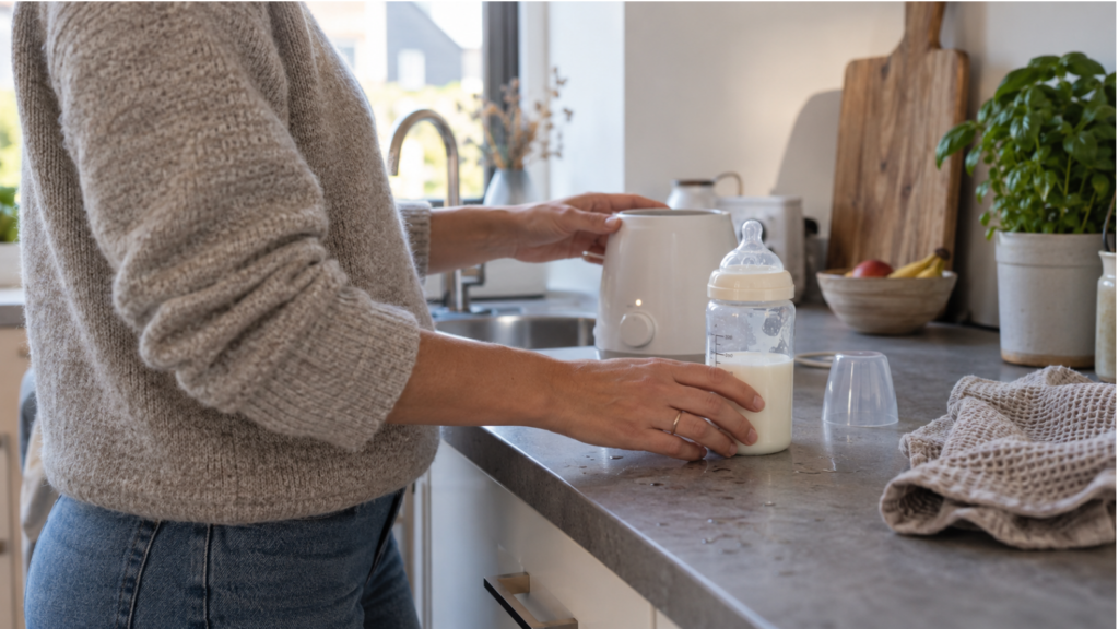 Ouder bereidt een fles moedermelk met een flessenwarmer in de keuken.