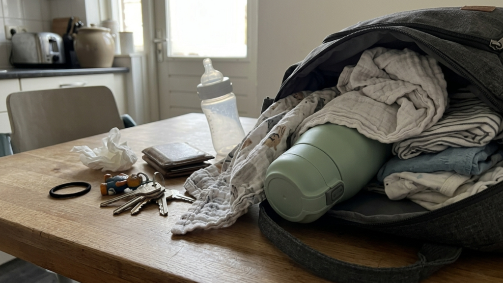 Draagbare flessenwarmer met babyfles en luiertas klaar voor onderweg