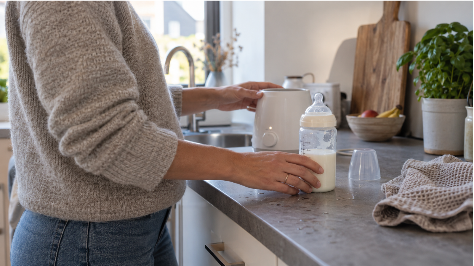 Ouder bereidt een fles moedermelk met een flessenwarmer in de keuken.