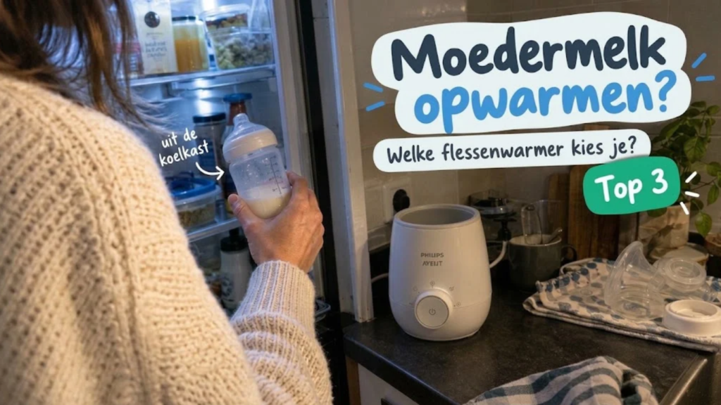 Moeder haalt een fles moedermelk uit de koelkast om deze op te warmen met een flessenwarmer.